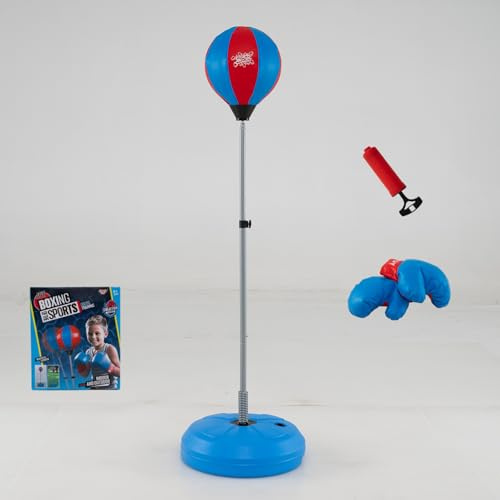 DREAMADE Boxsack Kinder mit Ständer, inkl. Boxhandschuhe & Handpumpe, Standboxsack Punchingball, Höhenverstellbar Boxsack Stehend für Kinder ab 8 Jahren (Blau+Rot)