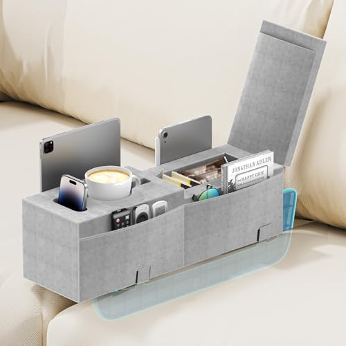 Heyife Couch Cup Holder mit Getränkehalter Sofatablett, großes Sofa Armlehnen Kissen mit Tablett und Couch Tassenhalter, Organizer mit 4 Seitentaschen als Ersatzteil für Sofas – Höhe 16cm