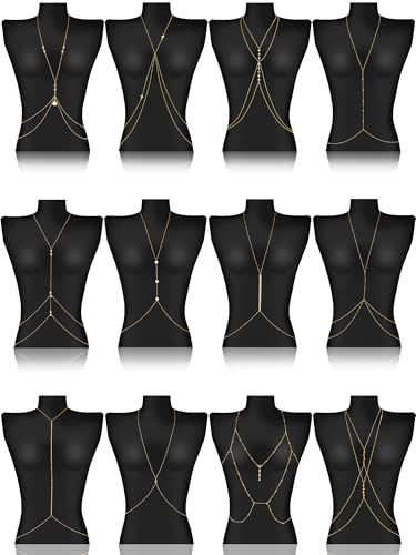 Landical 12 Pcs Sexy 14k Gold Body Chains for Women Layered Belly Waist Bikini Bra Chain Women Summer Body Jewelry Sexy Beach Chains Jewelry Accessories