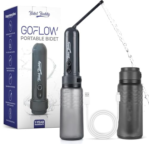 BIDET BUDDY GoFlow Bidet portable de voyage | Débit 280 ml/min | Batterie 800 mAh | Bouteille de 320 ml | IPX7 étanche | Charge USB-C | Format de poche et flexible à pression moyenne (gris)