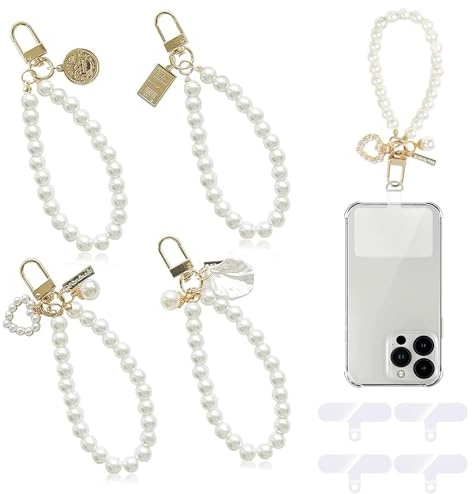 ZYEKIU 3 Piezas Cadena de Perlas Corta para móvil, Colgante Universal para Teléfono, con Perlas de Cristal Pulsera para Móvil, Colgante para Móvil, Pulsera Llavero para Colgantes de Llaves de Coche.