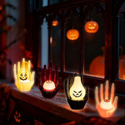 Booaee Halloween Deko Skelett Arme mit LED Licht,4Stück Halloweens Skelett Deko Gruselige Geister Kürbis Lichter LED-Skeletthand Halloween Kerze SchädelDeko Figuren HalloweenDeko Innen Garten Tische