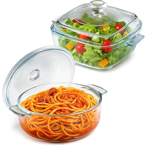 2 Pieces Glass Casserole Dish with Lid Baking Casserole Dish Covered Cookware Microwave Bowls with Handle for Kitchen Restaurant Home Party Cooking, Oven Safe (0.8L)