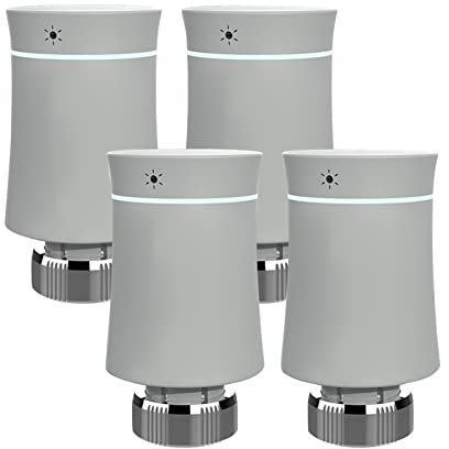 Lot de 4 thermostats de radiateur avec matériau ABS, alimentation 3 V 2 piles AA (non incluses), course maximale de 4,5 mm, température réglée de 5 à 45 ℃, température d'affichage 0 à 70 °C