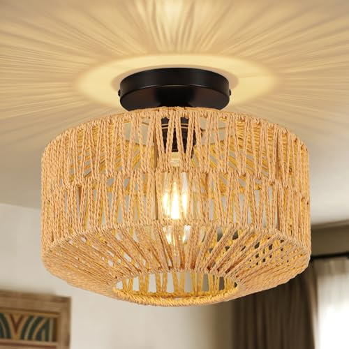 CALOKES Boho Deckenlampe Rattan Ø30cm – Vintage Deckenleuchte im Korb Geflecht Stil für Wohnzimmer Schlafzimmer Küche Flur – Rustikale Lampe für Esszimmer Kinderzimmer Esstisch