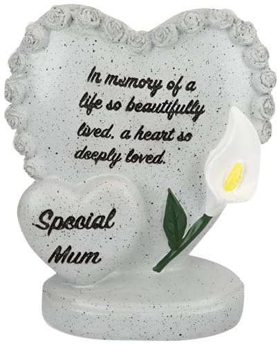 Décoration commémorative en forme de cœur avec bordure de rose et lys blanc - Décoration funéraire en pierre avec inscription - Souvenir commémoratif pour tombe, cimetière et jardin