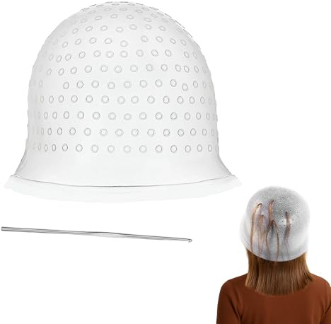 1 bonnet à mèches avec aiguille à mèches en silicone - Avec trous - Réutilisable - Pour salon professionnel et maison (blanc)