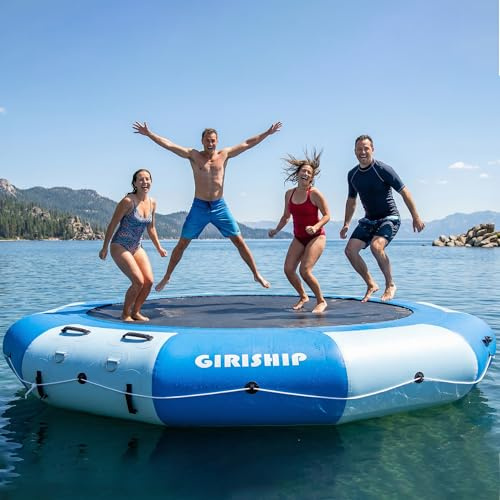 GIRISHIP Inflatable Water Trampoline for Lake, 8/10/12/15FT Heavy Duty Floating Lake Trampoline for Water with Pump & Ladder, Ocean Pool Jumping Platform for Family & Adults