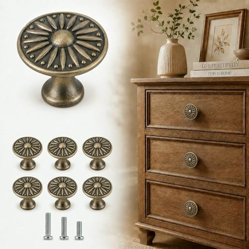 OAMCEG 6 Stück Vintage Schrankknöpfe - Sonnenblumen-Design Schubladenknöpfe in Bronze-Optik, dekorative Möbelknöpfe für Küchenschränke, Kommoden und Schubladen