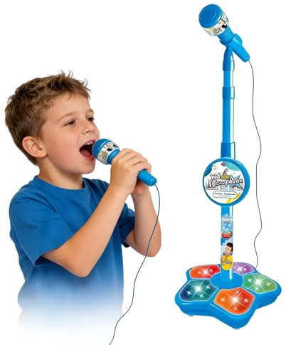 BRTNUP Kids Microphone and Stand, Portable Karaoke Microphone and Stand with Adjustable Height & Flashing Lights Kids Microphone with Stand for Home Singing and Party Fun Singing Musical Toy (Blue)