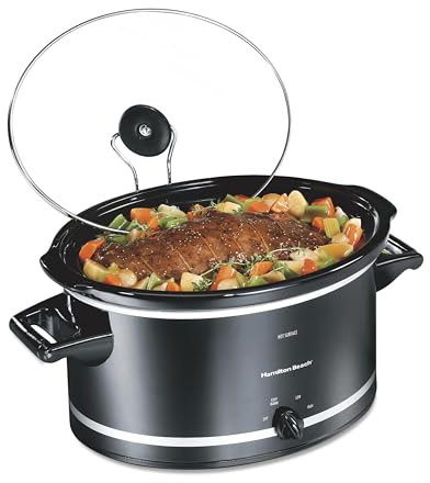 Hamilton Beach Slow Cooker with 3 Cooking Settings, Dishwasher-Safe Stoneware Crock & Glass, 8-Quart Built-In Lid Rest, Black