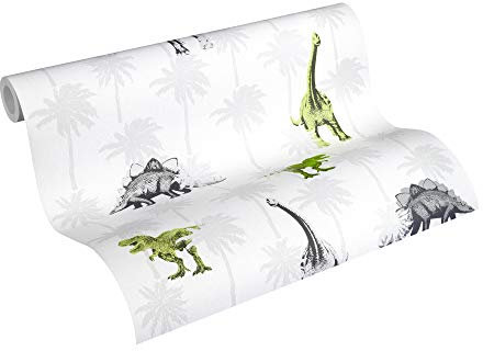 A.S. Création PVC-freie Vliestapete Little Stars Tapete mit Dinosauriern 10,05 m x 0,53 m grau grün weiß Made in Germany 358352 35835-2