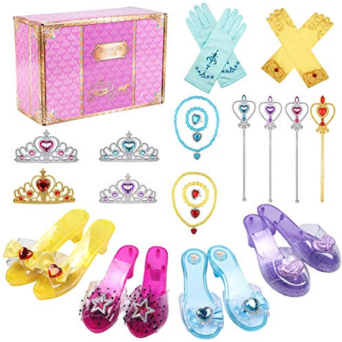 Tacobear Princess Dress Up Shoes for Girls with Princess Crown Wand Necklace Ring Bracelet Gloves Princess Fancy Dress Accessories Gift for Girls 3 4 5 6 Years