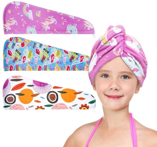 ELLEWIN Microfiber Hair Drying Towels for Kids, 3 Pack Wet Hair Towel Wrap Turban for Girls Children Women, Quick Dry Twisty Hair Towels Wrap for Curly Long Thick Hair Anti Frizz