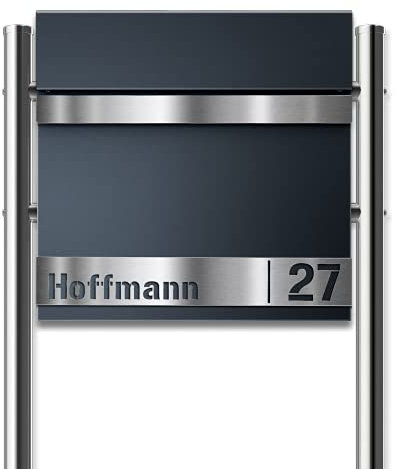 Metzler Standbriefkasten in Anthrazit Gustav - Briefkasten mit Edelstahl-Namensschild, Zeitungsfach & Briefkastenständer - Pulverbeschichtung in RAL 7016 - Größe: 37 x 37 x 10,5 cm - Höhe 120 cm