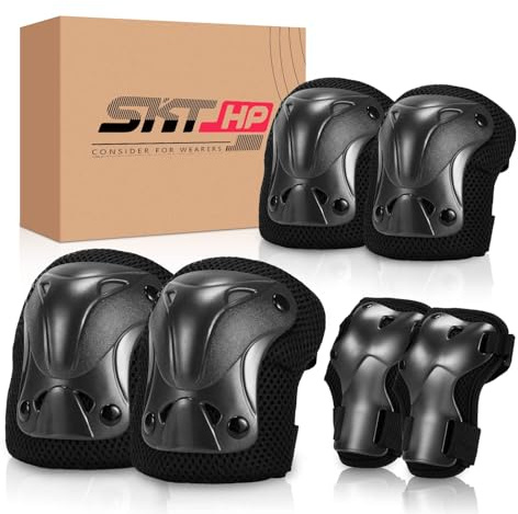 SKT HP Protective Gear for Adults, Knee Pads Elbow Pads Wrist Guards for Inline Skating Biking Skateboarding (Black)