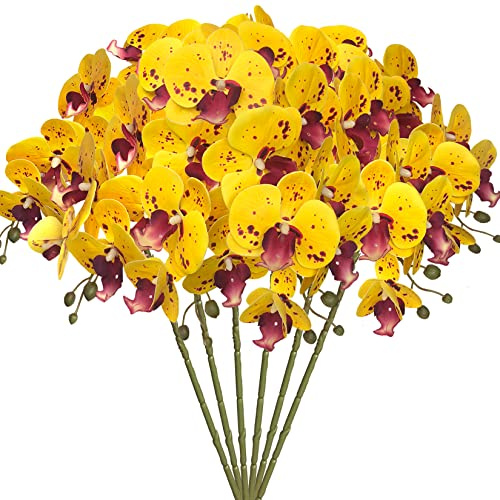 FagusHome 6 Pz Fiori Orchidea Phalaenopsis Fiori Artificiali Artificiali Phalaenopsis Fiori 80cm Orchidea Artificiali Pianta Finta per Decorazione (Giallo Piebald)
