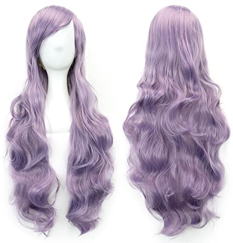 IMISSU Peluca de cosplay de pelo natural rizado largo de 80 cm con flequillo Pelucas de fiesta de disfraces de Halloween coloridas para mujeres (Morado)