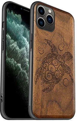 Carveit Coque pour iPhone 11 Pro [Élégant Noyer] [Pare-Chocs en TPU Souple] Coque de téléphone Antichoc Compatible avec 11Pro Coques en Bois (Tortue de mer)