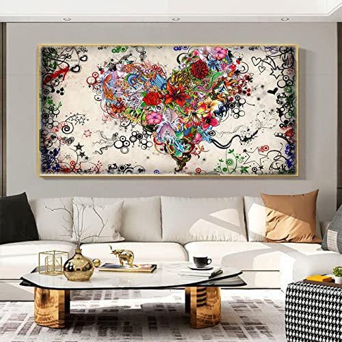 Nsodinevus Quadro moderno astratto su tela con pesce cuore fiore su tela poster e stampe artistiche da parete immagine HD per soggiorno (30 x 60 cm) 12 x 24 pollici senza cornice