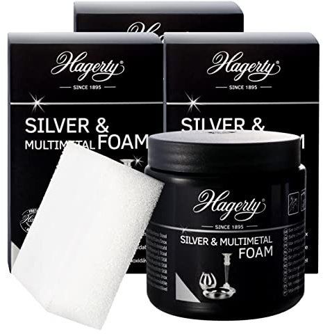 Hagerty Silver & Multimetal Foam Espuma limpiadora de plata 3x 185g Eficaz mousse para protección de plata y metal plateado estaño acero cromo Limpia plata renovadora de brillo Esponja incluida