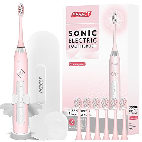 PERECT Electric Toothbrush for Adults, Rechargeable Sonic Electric Toothbrush with 6 Replacement Brush Heads, 1 Charge for 30 Days, 5 Modes 3 Intensities, Smart Timer, Pink