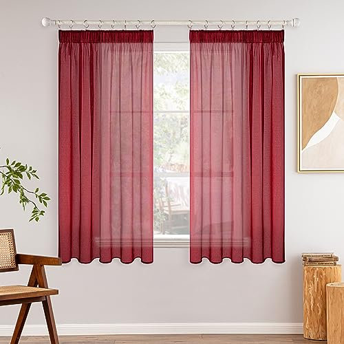 MIULEE Gardinen Vorhänge mit Kräuselband 2er Set Gardine Vorhang Gardinen Wohnzimmer aus Sheer Voile Curtains Transparent Schlafzimmer Rot 140 x 175 cm