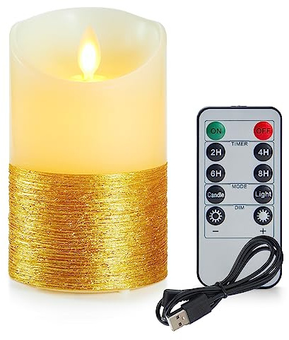 Koelaa Wiederaufladbare LED Kerzen Echtwachs, Flackernde Kerze mit Fernbedienung & Goldfaden, Batteriebetrieben - Deko für Weihnachten, Adventskranz, Hochzeit, Tischdeko, Grab, Halloween- 7,5 x 15 cm