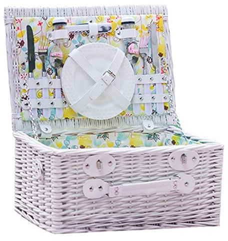 Tragbarer Picknickkorb für Outdoor-Camping mit Deckel, tragbar, tragbar, festes Geschirr, Rattan-Picknickkorb, Paarmodell für 2 Personen (Farbe: Weiß, Größe: 40 x 30 x 20 cm) (weiß, 40 x 30 x 20 cm)