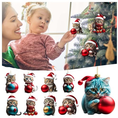 9 Stück Katze Weihnachtsanhänger, Weihnachtsbaumschmuck, Christbaumschmuck, Weihnachtsdeko zum Aufhängen, Weihnachten Hängedeko für Christbaum oder Tannenbaum, Fenster und Tür (9 pcs)