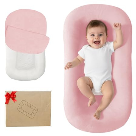 Lucakuins Baby Lounger, Bionic Design Baby Lounger for Newborn 0-24 Months, Soft Organic Cotton Breathable Lounger for Infants (Pink Newborn Lounger)