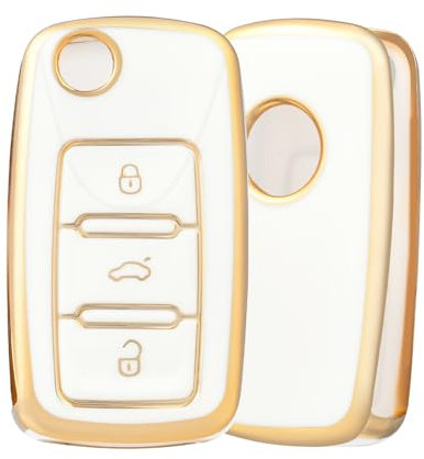OFF WE GO Autoschlüssel Hülle Schlüsselhülle Cover für VW Volkswagen Golf 4 5 6 Polo Tiguan Passat Beetle Touran Skoda Seat Ibiza4 Altea Leon TPU Schlüsselcover Schlüssel Schutz Gehäuse, Weiß Gold