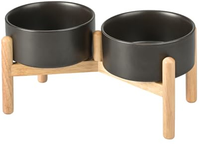SPUNKYJUNKY Hundenapf Keramik Fressnapf Erhöhter Futternapf Wassernapf mit Bambus Ständer für mittelgroße und große Hunde (850ml, Schwarz)