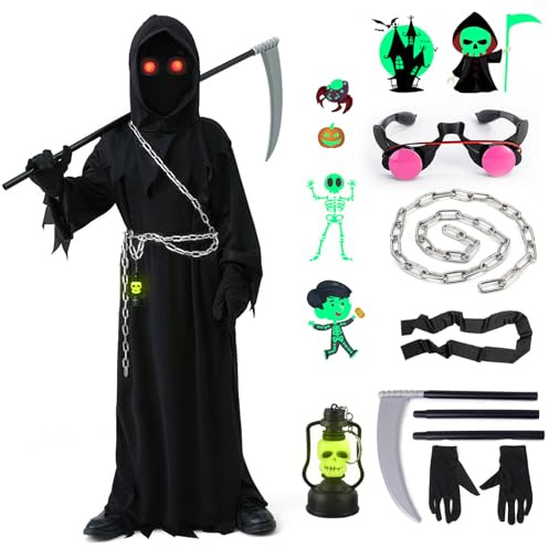 Costume di Halloween Tristo Mietitore Bambini Ragazzi 10-11 11-12 Tristo Mietitore Mantello Nero Capo Tristo Mietitore Falce Halloween Bambini Costume Morte Fantasma Viso Vestaglia Tristo Mietitore