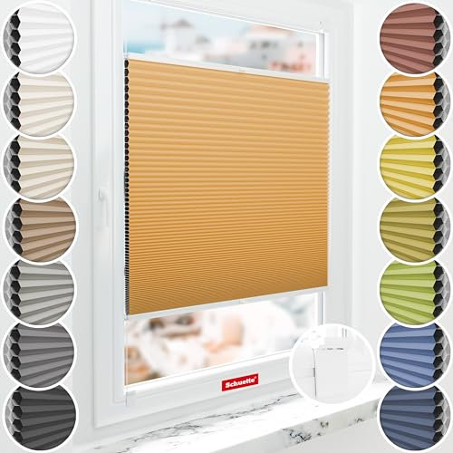 Schuette® Wabenplissee ohne Bohren zum Kleben ● Blackout x Honey ● Citrus Glow (Orange) ● 105x200cm (Breite x Höhe) ● Suprafix Klebehalter & Schraubhalter 2in1 ● Bequeme Montage