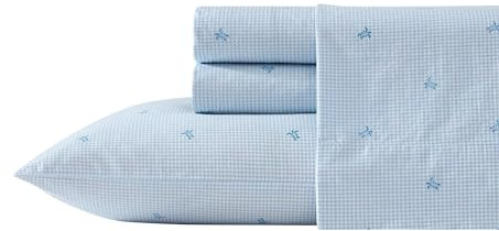 Laura Ashley - King Sheets, Cotton Percale Bedding Set, Lightweight & Breathable Home Decor (Turtle Gingham Blue, King)