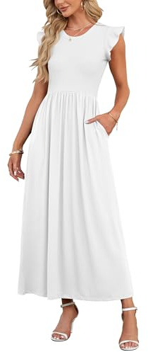 AUSELILY Vestido Largo para Mujeres Vestido de Manga Corta con Pétalos en Volantes Vestido Elástico Casual con Bolsillo Falda de Playa(Blanco,XL)