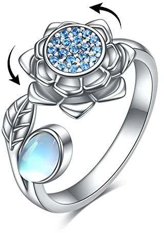 YFN Mondstein Lotus Ring, Rotierender 925 Sterling Silber Offener Ring für Damen Synthetischer Mondstein Natürlicher Lotusblüte Schmuck Geschenke gegen Angst