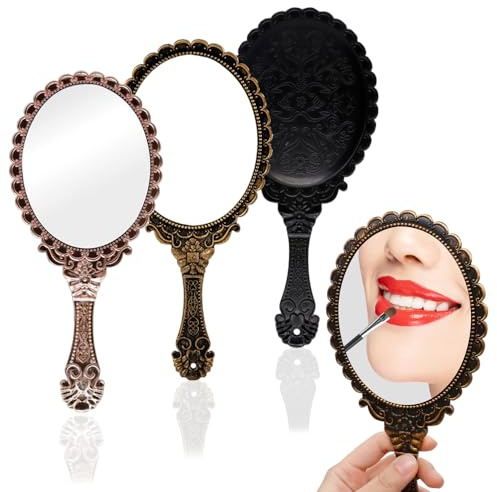 XINGYATU 3 Pcs Vintage Mirror Handheld, Embossed Floral Retro Makeup Mirror with Handle Compact and Portable, Mini Single-sided Oval Mirrors for Travel Office (Black, Rose Gold, Bronze)