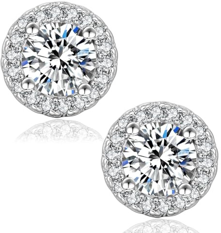 KRKC&CO Moissanite Ohrringe Damen Silber 925, Ohrsteckers Halo, 2,0 Karat echter runde Moissanit Diamant, VVS1 Reinheit D Farbe, Weißgold vergoldet allergiefrei, Rund