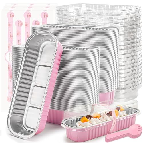 LOKQING Mini Cake Pans with Lids, 100 Pack Pink Mini Loaf Pans with Lids 6.8 oz, Individual Cake Pans with Lids for Mini Cakes, Brownies, Cheesecake, Bake Sale, Parties, Gifting and Sharing