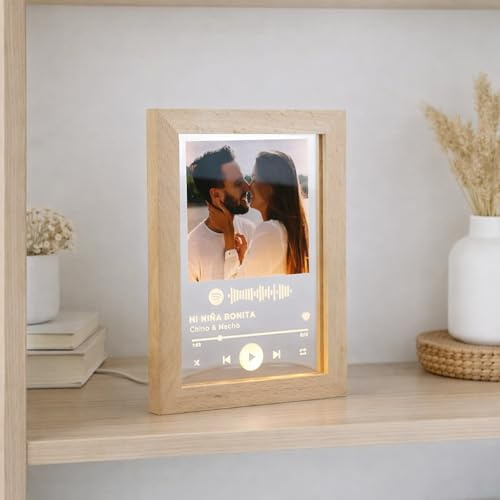 Lámpara Placa Lámina Personalizada Código Canción Base Luz Led Madera Decoración Lámina Regalo Novio Novia Pareja Amiga (Lámina con Marco Madera)