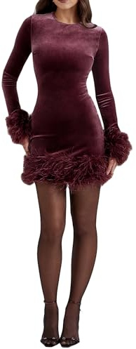 Women Feather Trim Velvet Patchwork Mini Dress Long Sleeve Crew Neck Boydcon Dress Slim Evening Party Dress
