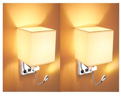 ZONJIE 2 Pièces Applique de Chevet, Applique de Lecture à LED Applique Murale Moderne en Chrome Poli avec Projecteur Ajustable à col de Cygne, Interrupteurs Doubles, Avec Port USB pour Charger E27