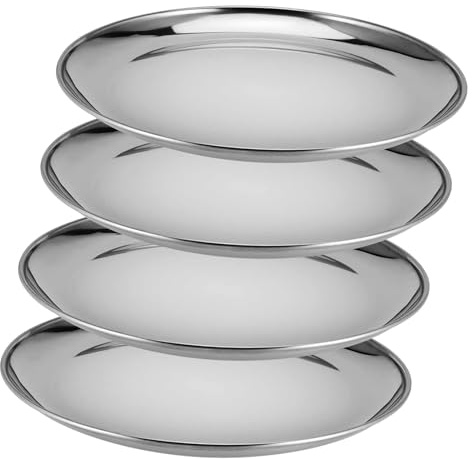 FAAING 4 Stück 26 cm Teller Edelstahl Camping, Rundes Tablett Edelstahl Geschirr, Silber Servierteller Metallteller für Pizza, Küche, Camping, Party