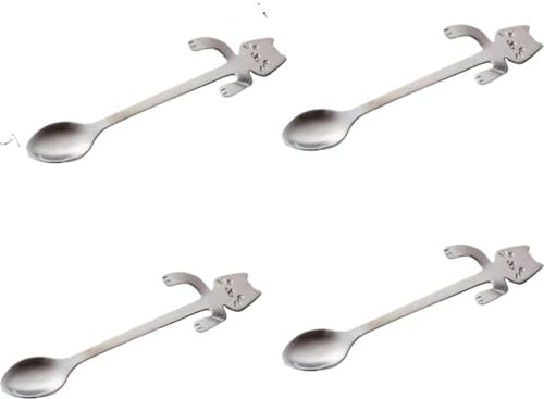 AUNANGLJSCS Teelöffel Dessertlöffel 4-teiliges Set mit Mini-Katzen-/Kätzchen-Design aus Edelstahl for Kaffee/Tee/Dessert/Getränke/Mix-/Milchshake-Löffel, Besteck, Gadgets, 4-teilig, silberfarben