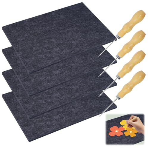 Set of 4 Pricking Needle Set, Felt Pads, 20 x 30 x 0.9 cm, Pricking Felt Pads with 4 x Needles, Wooden Needles Set, Tingling Art Kit, Prikeling Needles Set for Creative Craft Projects