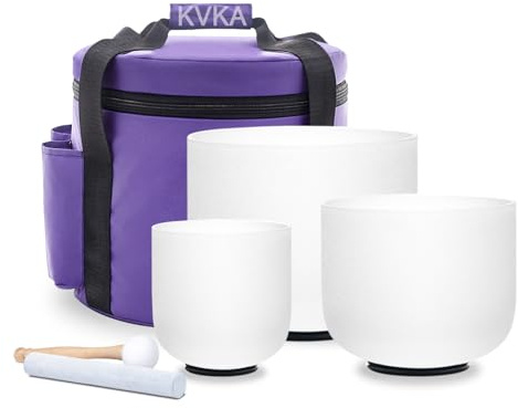 KVKA Kristall-Klangschalen, 6A+8F+10C 432Hz Weiß Chakra Klangschale für Yoga Meditation Sound Healing Entspannung Stressabbau mit Tragetasche
