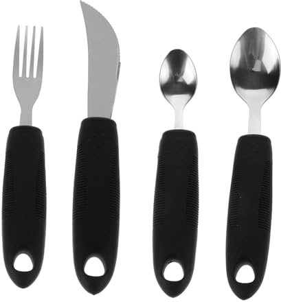 MUCKLILY Ensemble De 4 Couverts Adaptés Aux Personnes Âgées Manches En Inox Antidérapants, Poignées Noires En Caoutchouc Souple, Ergonomiques Et Facilités De Préhension Pour Usage Quotidien