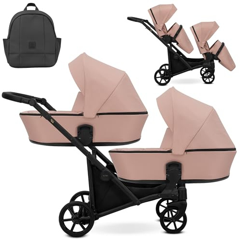 Kunert BRAV DUO Passeggino Gemellare 2 in 1+Accessori: Comfort, Sicurezza, Praticità, design elegante e funzionale, sistema versatile, telaio in alluminio (rosa/telaio nero)